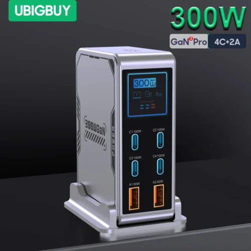 Ubigbuy 300W GaN Charger PPS PD 100W USB Type C 6-Port Digital Display Desktop Fast Charging Station for MacBook iPhone Samsung
