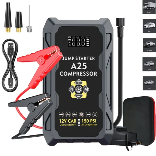 Multifunctional 12V Car Emergency Jump Starter with Air Compressor Portable Power Bank LED Light Battery Booster