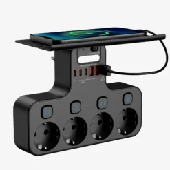 4000W EU Power Strip with Smart Night Light, Individual Switches, Phone Holder, 2 USB-A & 2 USB-C