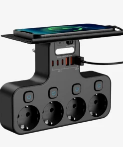 4000W EU Multifunction Socket Smart Night Light Individual Switch EU Plug 4 AC Power Strip with Phone Holder 2 USB-A 2 USB-C