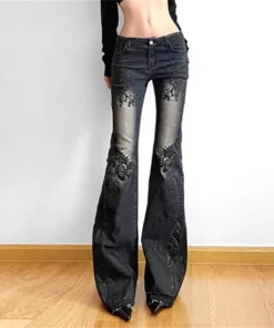 Alternative view of Women's Gothic Y2K Flare Jeans - Vintage Baggy Denim Trousers