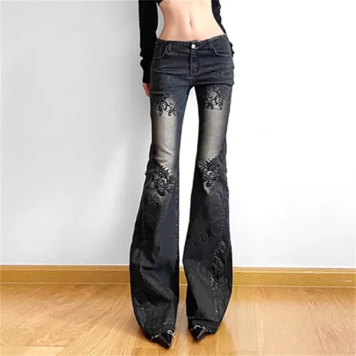 Alternative view of Women's Gothic Y2K Flare Jeans - Vintage Baggy Denim Trousers