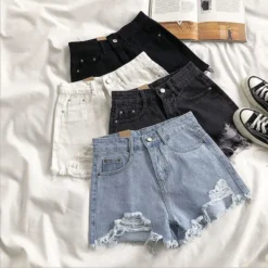Korean Denim Shorts with Ripped Design and Tassel Pockets for Women's Summer Fashion