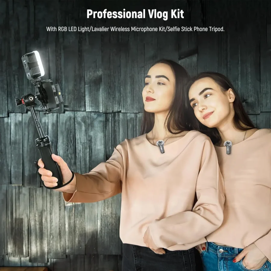NEEWER Vlogging Kit for Phone with RGB LED Light/Lavalier Wireless Microphone System/Selfie Stick Tripod for iPhone Android - Image 2