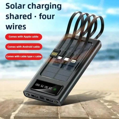 20000mAh Solar Power Bank - Fast Charging, Dual USB, Includes 4 Cables for iPhone and Samsung