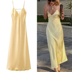 Sleeveless Maxi Dress with V Neck and Sling Design in Yellow for Women