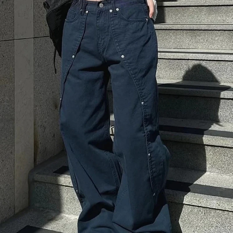 Vintage Retro Wide Leg Jeans for Women - Relaxed Fit with Rivet Patchwork and Split Design - Image 4