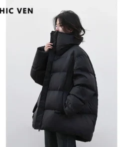 Chic Ven Women's Lightweight Down Jacket - Long Sleeve, Warm Winter Coat, Solid Color