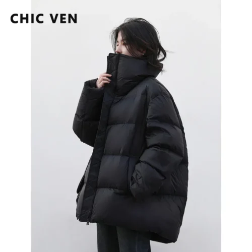 Chic Ven Women's Lightweight Down Jacket - Long Sleeve, Warm Winter Coat, Solid Color