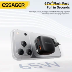 Essager 65W GaN Pro Charger with Retractable Type C Cable for iPhone 17, Huawei, Xiaomi and MacBook