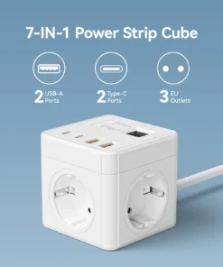 1 7-in-1 EU power strip, power strip surge protector, 1.5m extension cord,3 AC outlets 3 USB 1 Type-C, timed off desktop chargin