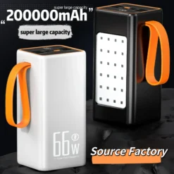 High-Capacity Power Bank with 66W Fast Charger, 200,000mAh, Waterproof for Mobile Phones and Laptops