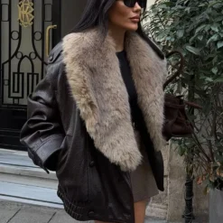 Alternative view of Faux Leather Winter Jacket with Removable Fur Collar for Women - Casual Double Breasted Coat