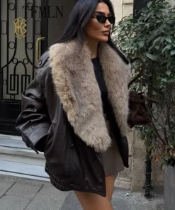 Alternative view of TFMLN Women's Winter Faux Leather Jacket with Removable Fur Collar – Casual Double Breasted Coat