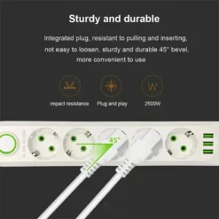 Alternative view of 2M Power Strip with Network Filter, 3 USB Ports, Round Pin AC Outlet for Home and Office Use