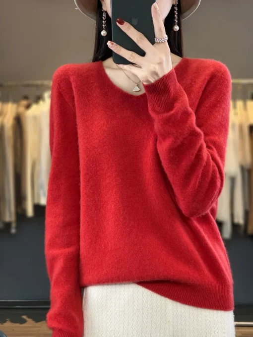 Merino Wool Sweater V-Neck Long Sleeve Knitwear for Women Autumn Winter Tops - Image 5