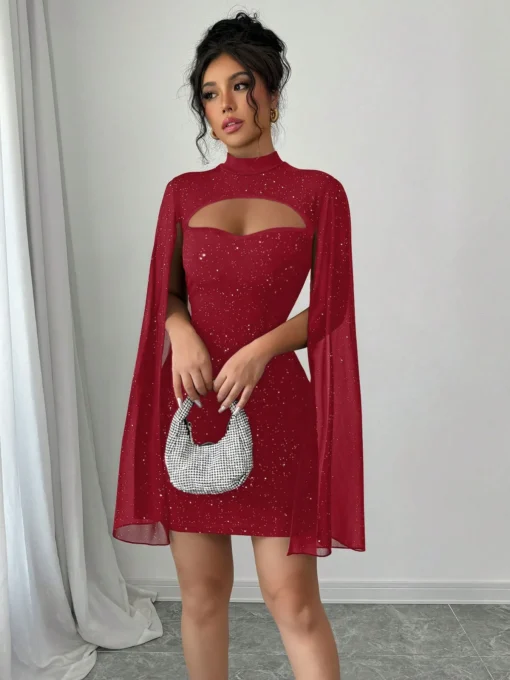 Sequin Mini Dress with Stand Collar and Cape Style for Women, Elegant Party Outfit for Autumn Winter - Image 4