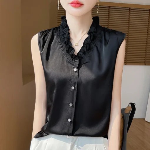 Mulberry Silk V-neck Vest with Solid Color Design for Women’s Summer Office Wear - Image 5
