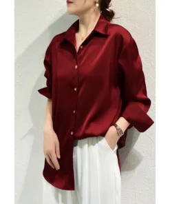 Alternative view of All-match Satin Finish Shirts And Blouses Women Clothing Casual Top OL Long Sleeve Button Elegant Shirts French Solid Blouses
