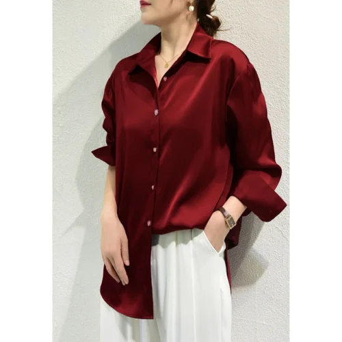 Alternative view of All-match Satin Finish Shirts And Blouses Women Clothing Casual Top OL Long Sleeve Button Elegant Shirts French Solid Blouses