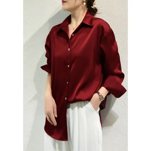 Satin Finish Long Sleeve Button Shirts for Women - Elegant Casual Tops - Image 2