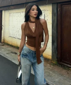 Alternative view of Solid Tank Summer New Women Sexy Sleeveless V-Neck Lady Top Fashion Bandage Streetwear Casual Slim Tank Elegant Knitted Clothing