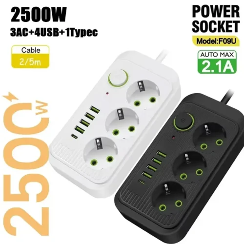 5M/2M EU Plug AC Outlet Power Strip Multitap Extension Cord Electrical Socket with USB Ports Fast Charge Network Filter Adapter