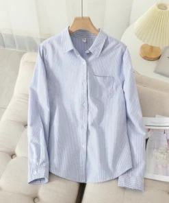 Alternative view of Casual Cotton Women's Oxford Shirt 2024 Autumn New Good Quality Woman Blouse and Tops Lady White Blue Striped Shirts Clothes