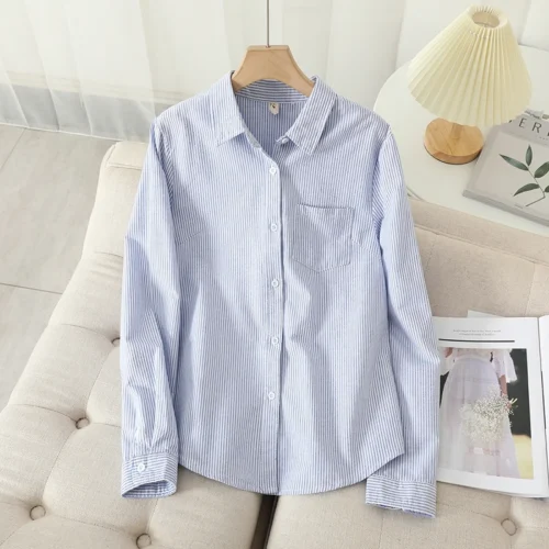 Alternative view of Casual Cotton Women's Oxford Shirt 2024 Autumn New Good Quality Woman Blouse and Tops Lady White Blue Striped Shirts Clothes