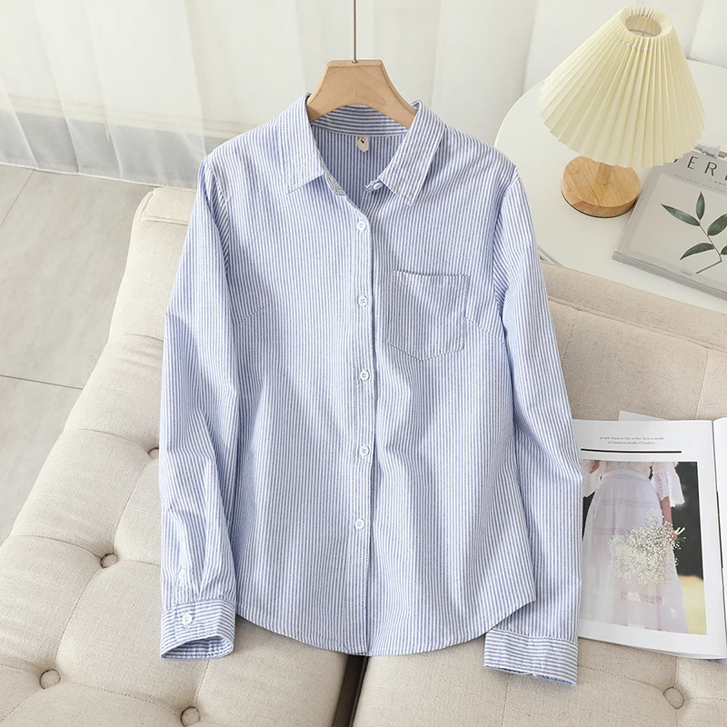 Casual Cotton Women's Oxford Shirt 2024 Autumn New Good Quality Woman Blouse and Tops Lady White Blue Striped Shirts Clothes - Image 2