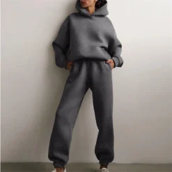 Alternative view of Tracksuit Set with Warm Hoodie and Long Pants for Women, Oversized Casual Style