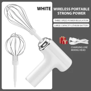 Rechargeable Handheld Electric Egg Beater with Powerful Motor for Baking and Cream Mixing - White