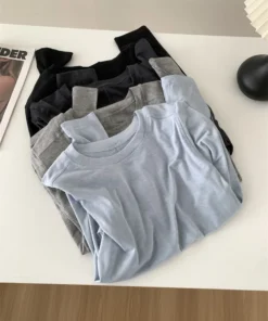 Alternative view of Silk Wool Splice Long Sleeve T-shirt Women Spring Summer Thin Soft Waxy Fit Solid Color Backing Top