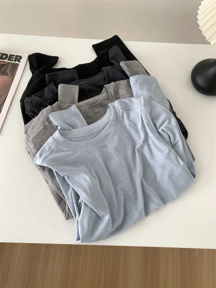 Silk Wool Splice Long Sleeve T-shirt with Soft Waxy Fit for Women in Solid Colors - Image 2