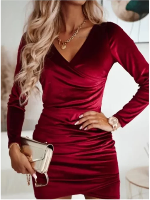 Bodycon Velvet Mini Dress with V-Neck and Long Sleeves for Women - Autumn Winter Party Wear - Image 4
