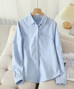 Casual Cotton Women's Oxford Shirt 2024 Autumn New Good Quality Woman Blouse and Tops Lady White Blue Striped Shirts Clothes
