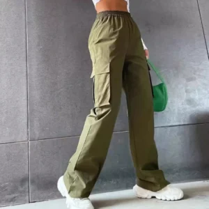 Chic Baggy Joggers with High Waist and Cargo Pockets for Women - Army Green, M