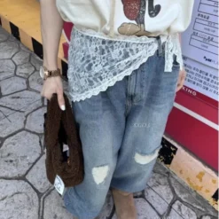 Alternative view of Embroidered Flower Lace Mini Skirt with Ruched Design, High Waist and See-Through Pleated Style