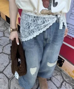 Alternative view of Embroidered Flower Lace Mini Skirt with Ruched Design - High Waist, See-Through, Pleated Style