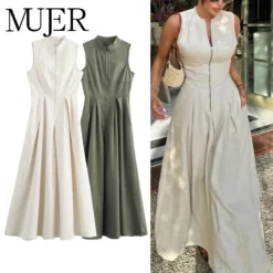 Mujer Midi Dress with Pleated Sleeveless Design for Elegant Summer Parties