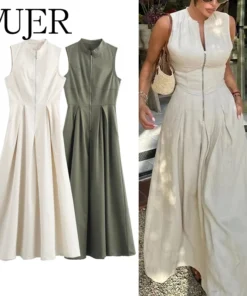 Mujer Pleated Sleeveless Midi Dress - Elegant Summer Party Dress for Women