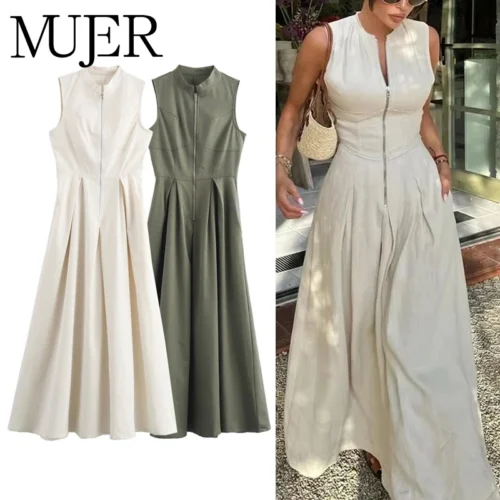 Mujer Pleated Sleeveless Midi Dress - Elegant Summer Party Dress for Women