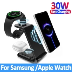 30W Fast Wireless Charger Stand for iPhone and Samsung with Apple Watch Compatibility