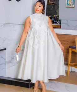 Elegant African Traditional Midi Dress for Women - Sleeveless Stretchy Silk Look