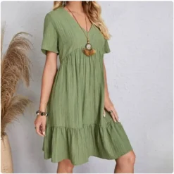Alternative view of Peplum Dress with V-Neck and Ruffle Fit Flare for Women - Short Sleeve and Loose Waist