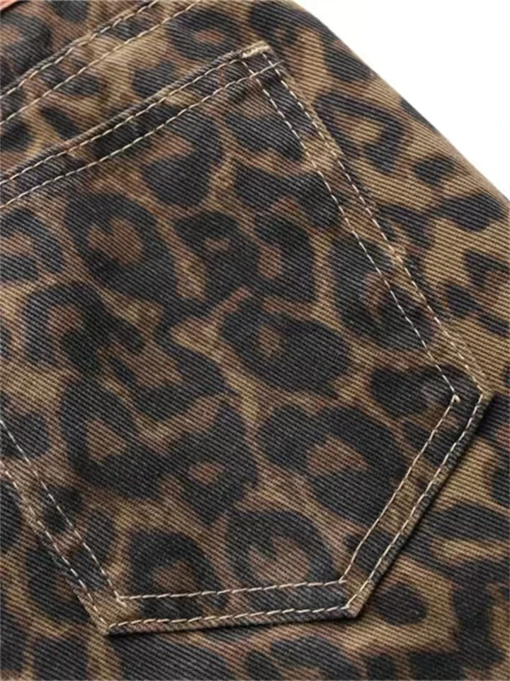 Tan Leopard Print Wide Leg Jeans for Women - Casual Oversized Denim Trousers - Image 6