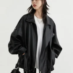 Alternative view of Faux Leather Motorcycle Jacket with Standing Collar in Solid Design for Women, Spring Autumn Fashion