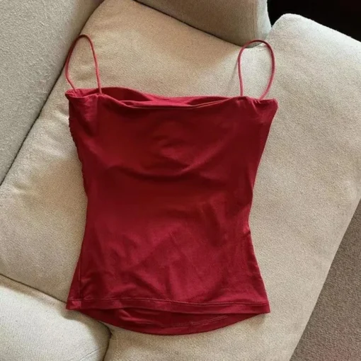 Spaghetti Strap Crop Top with Built-in Bra for Women - Bodycon Cami Tube Tee in Korean Y2K Style - Image 4