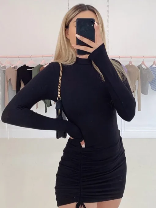 Black Turtleneck Mini Dress with Ruched Bodycon Fit for Women - Image 4