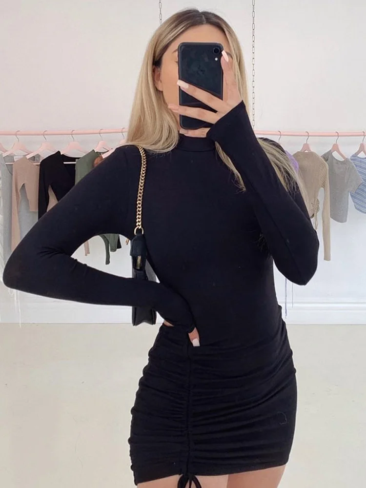 Black Turtleneck Ruched Bodycon Mini Dress for Women - Image 4